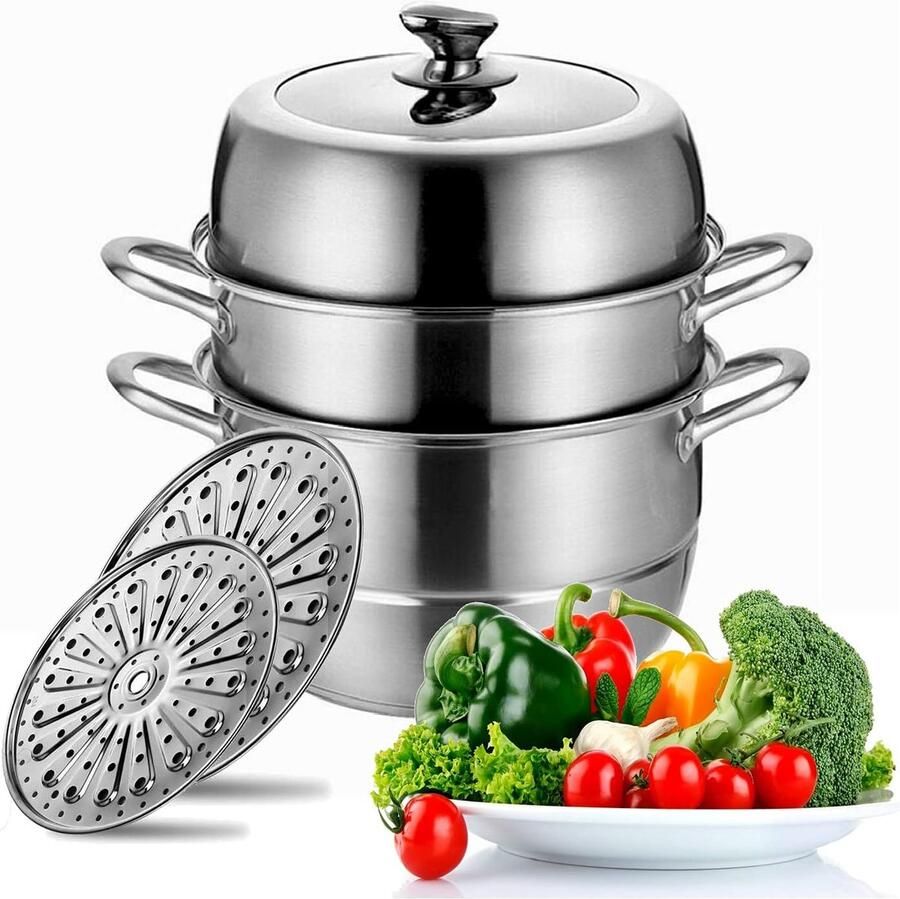 Stoompan RVS Stoomkoker 3-laags Gezond Koken Dikke 3-laags bodem Grote capaciteit Zilverkleurig