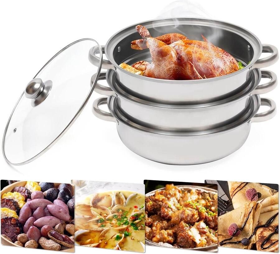 Stoompan RVS Stoomkoker 3 lagen Gezond Koken Transparant deksel 28 cm Zilver