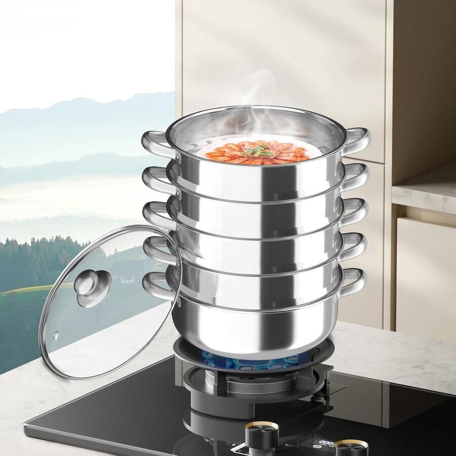 Stoompan RVS Stoomkoker 5 Lagen Gezond Koken Snelle Warmtegeleiding Diameter 30 cm Zilver