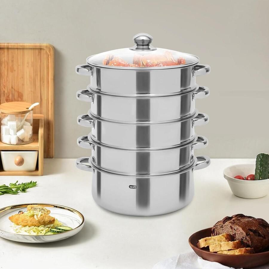 Stoompan RVS Stoomkoker 5 niveaus Gezond Koken Grote Capaciteit 28 cm Zilverkleurig