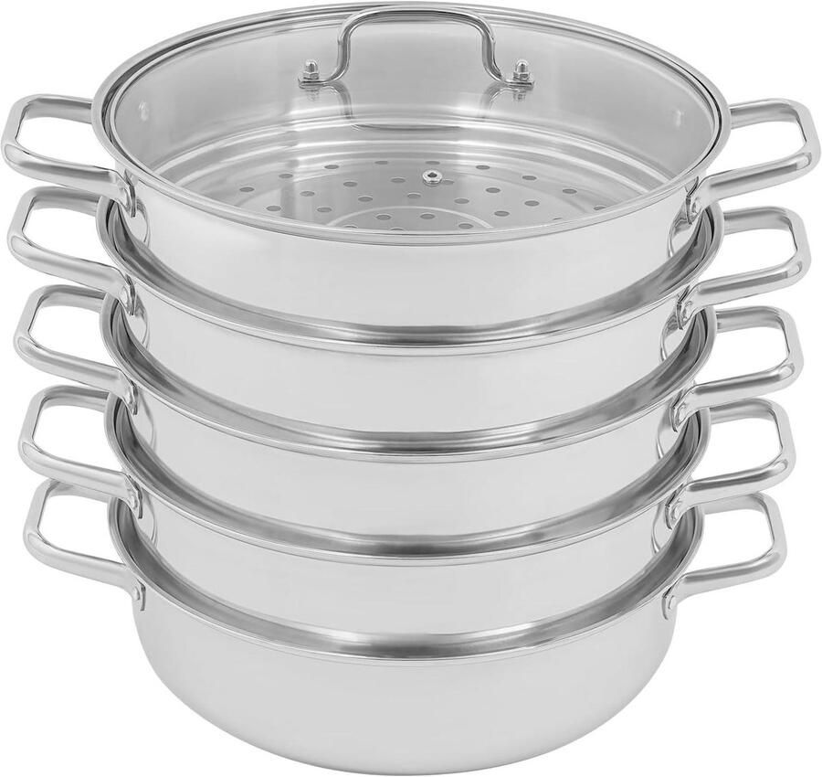Stoompan RVS Stoomkoker 5 Niveaus Gezond Koken Ruimtebesparend Stapelbaar Diameter 32 cm Zilverkleurig