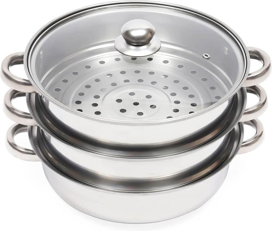 Stoompan RVS Stoomkoker Gezond Koken Drielaags Ontwerp 28 cm Zilver