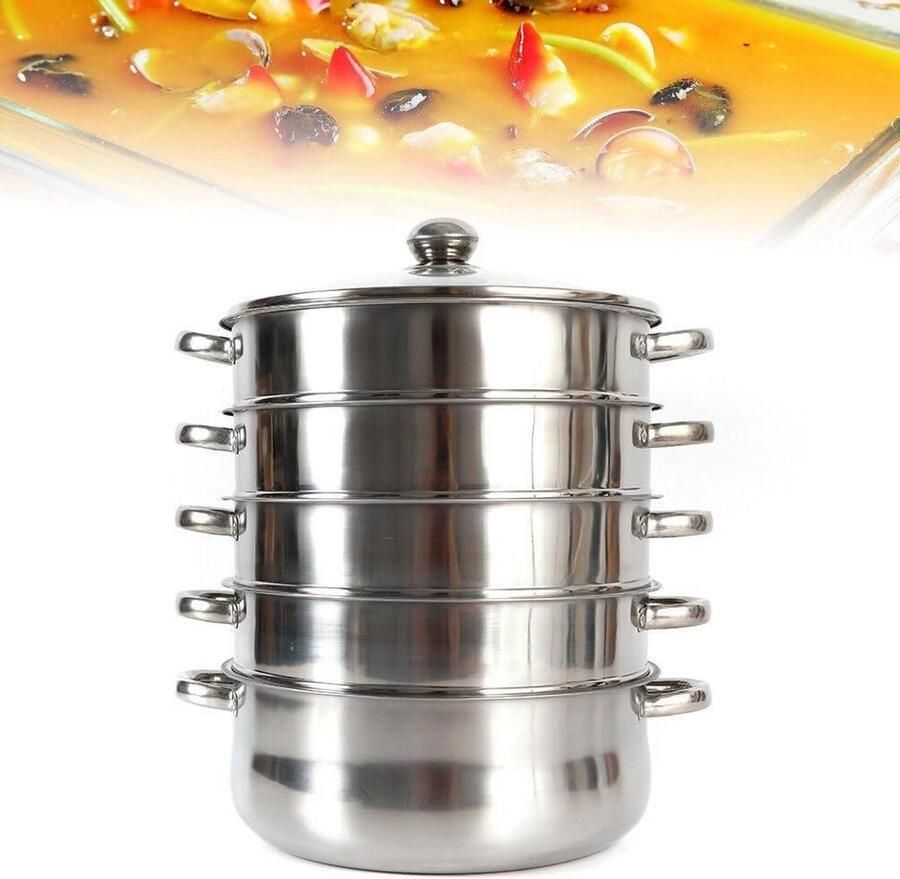 Stoompan RVS Stoomkoker Mantykoker Gezond Koken Vijf Lagen 30 cm Zilver