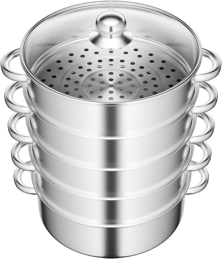 Stoompan RVS Stoomkoker multifunctioneel Gezond Koken Vier Stapelbare Inzetstukken 28 cm Diameter Zilver