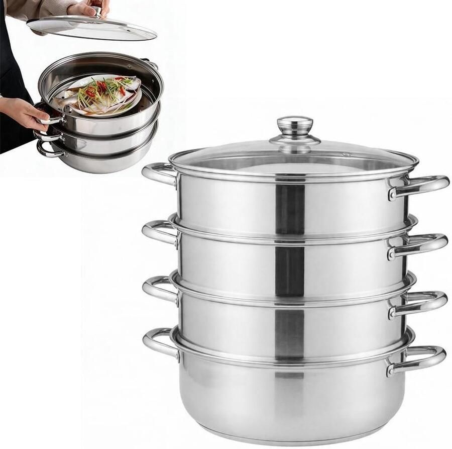 Stoompan RVS Stoomkoker Serveerpan Gezond Koken Meerdere Niveaus 28 cm Zilver