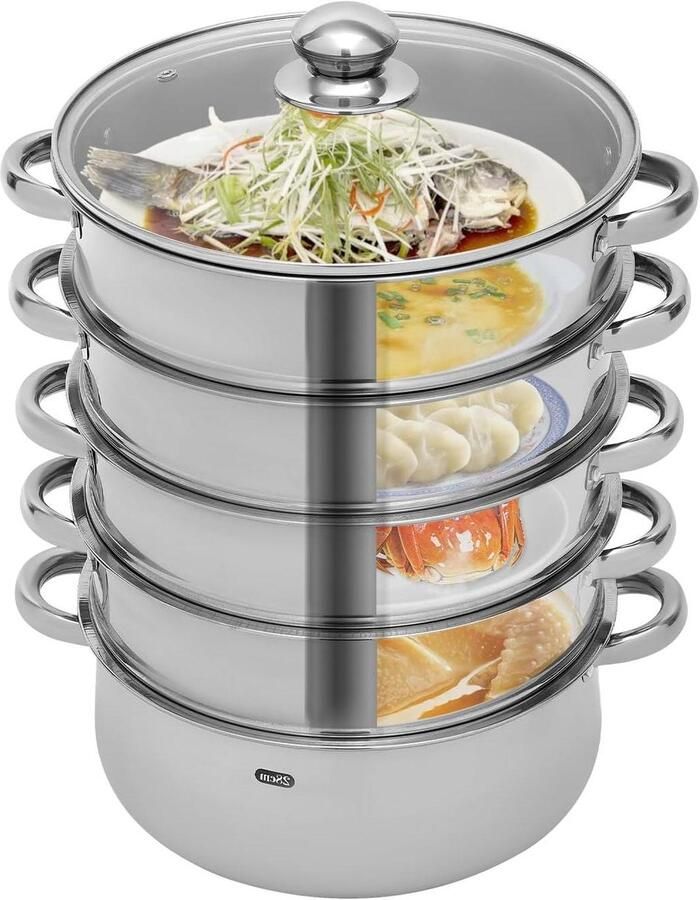 Stoompan RVS Stoomkoker Set Gezond Koken 5 Laags Systeem 28 cm Diameter Zilverkleurig