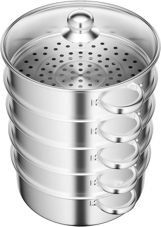 Stoompan RVS Stoomkoker Stapelbaar Gezond Koken 5 Lagen Capaciteit 28 cm Zilver