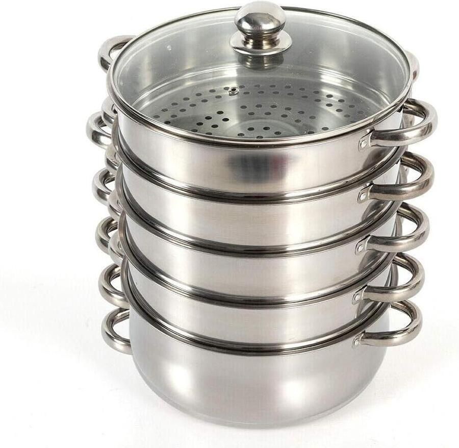 Stoompan RVS Stoomkoker Stapelbaar Gezond Koken Vijf Lagen Systeem 28 Cm Diameter Zilverkleurig