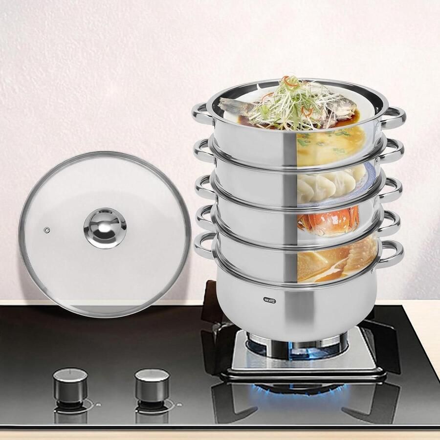Stoompan RVS Stoomkoker Stoofpan Gezond Koken 5 Lagen Ontwerp 28 cm Zilver