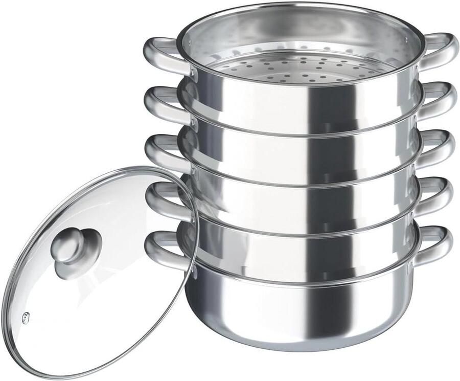 Stoompan RVS Stoomkoker Vijf Lagen Gezond Koken Tijdbesparend Ontwerp 30 cm Diameter Zilver