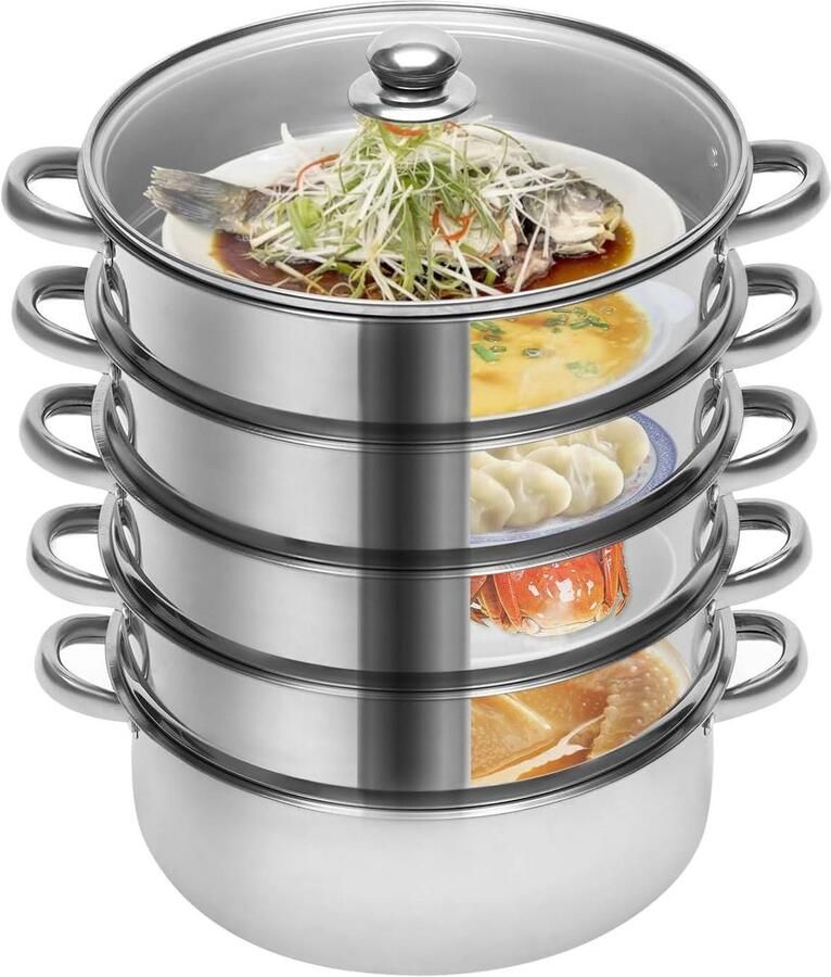 Stoompan RVS Stoomkoker Vispan Meerdere Gerechten Koken Vijflaags Ontwerp 26 cm Diameter Zilver