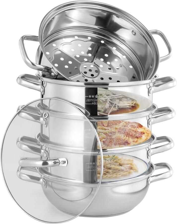 Stoompan RVS Vijf etages stomer Gezond Koken Voor alle warmtebronnen 28 cm Zilverkleurig
