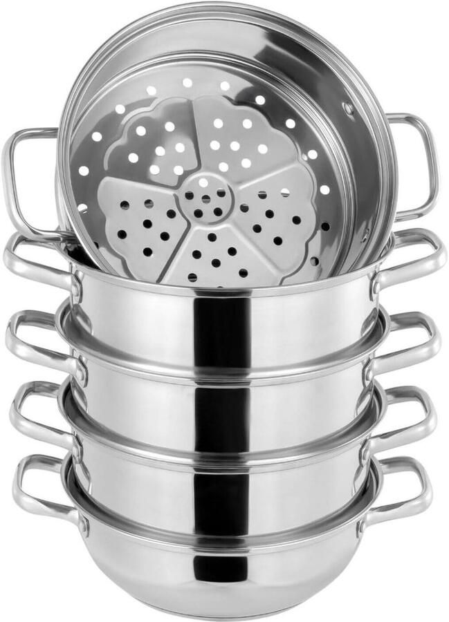 Stoompan Set 5-laags Kookgerei Gezond Koken Snelle Warmtegeleiding 28 cm Zilverkleurig