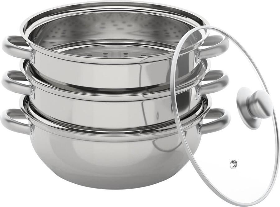 Stoompan Set Drie Lagen Gezond Koken Efficiënte Warmteverdeling 28 cm Diameter Zilver