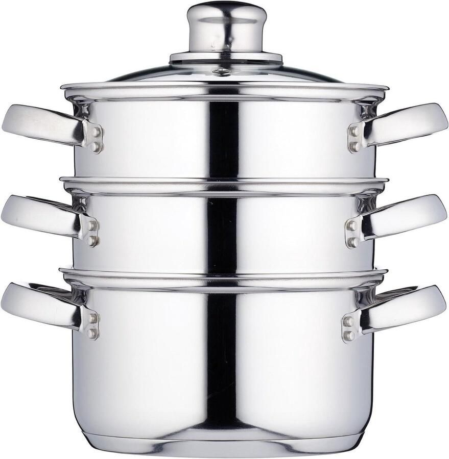 Stoompan Set Drie Lagen Gezond Koken Energiebesparend Ontwerp 22 cm Zilver