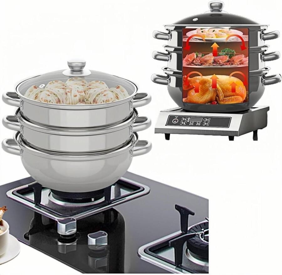 Stoompan Set Drie Lagen Gezond Koken Snelle Warmteverdeling 28 cm Zilver