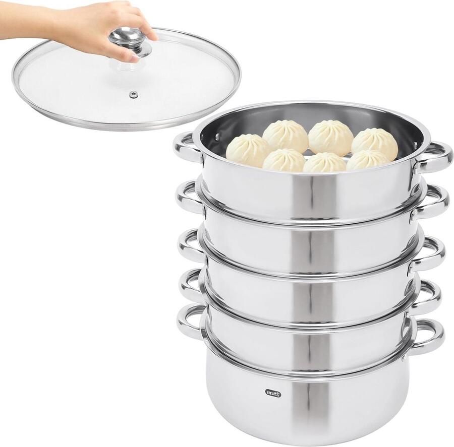 Stoompan Set Grote Stomer Gezond Koken Vijf Lagen Stomen 30 cm Diameter Zilver