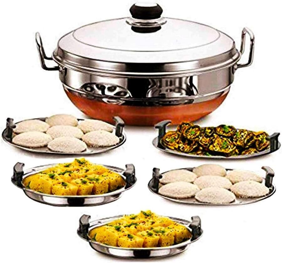 Stoompan Set Kookcontainer Multifunctioneel Gerechten Bereiden Inclusief 5 Bakplaten 27 cm Doorsnede Zilver Koper