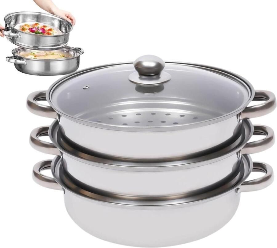 Stoompan Set Kookgerei Gezond Koken Stapelbaar Ontwerp 3 Lagen Zilverkleurig