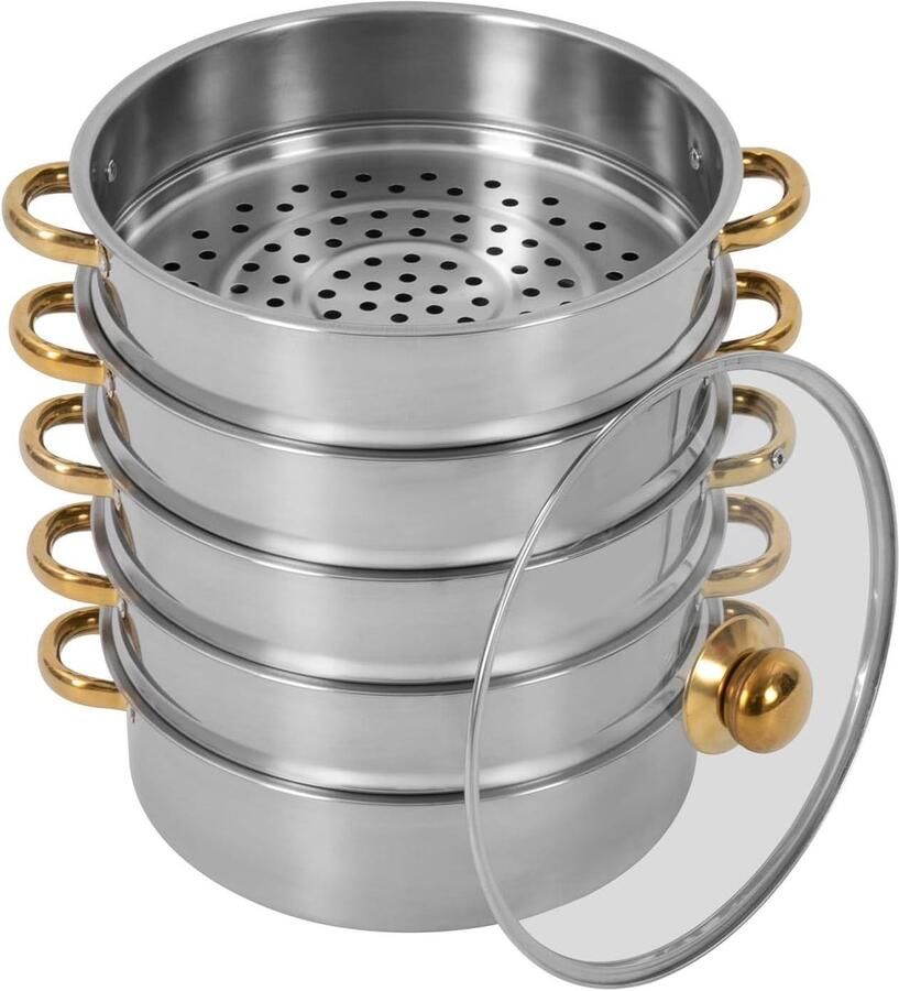 Stoompan Set Kookgerei Gezond Koken Vijf Lagen 26 cm Diameter Zilver