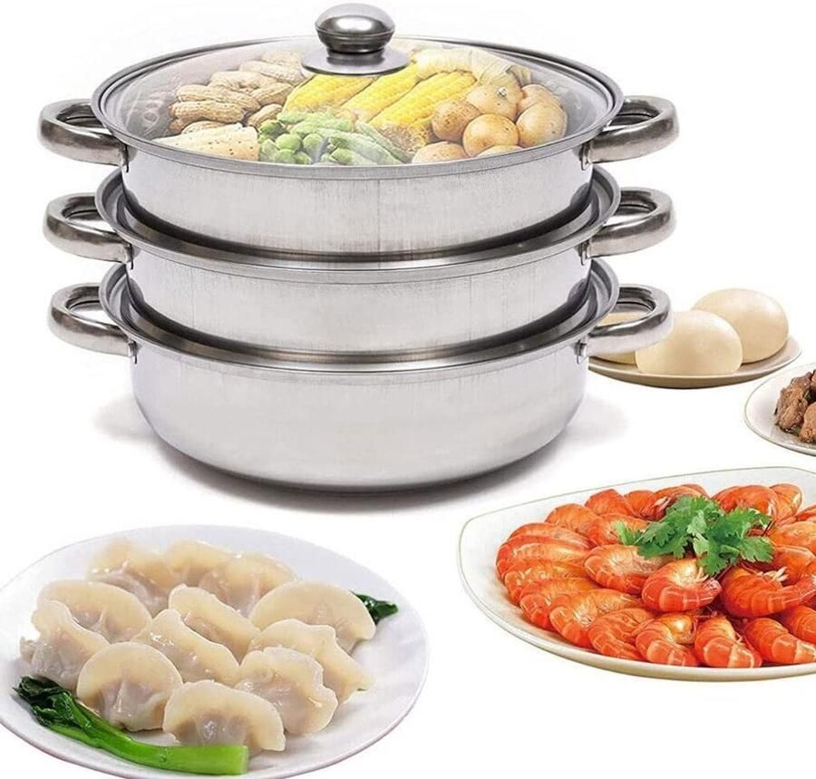 Stoompan Set Kookgerei Lagen Gezond Koken Aanpasbaar Drie-Tier 28cm Diameter Zilverkleurig