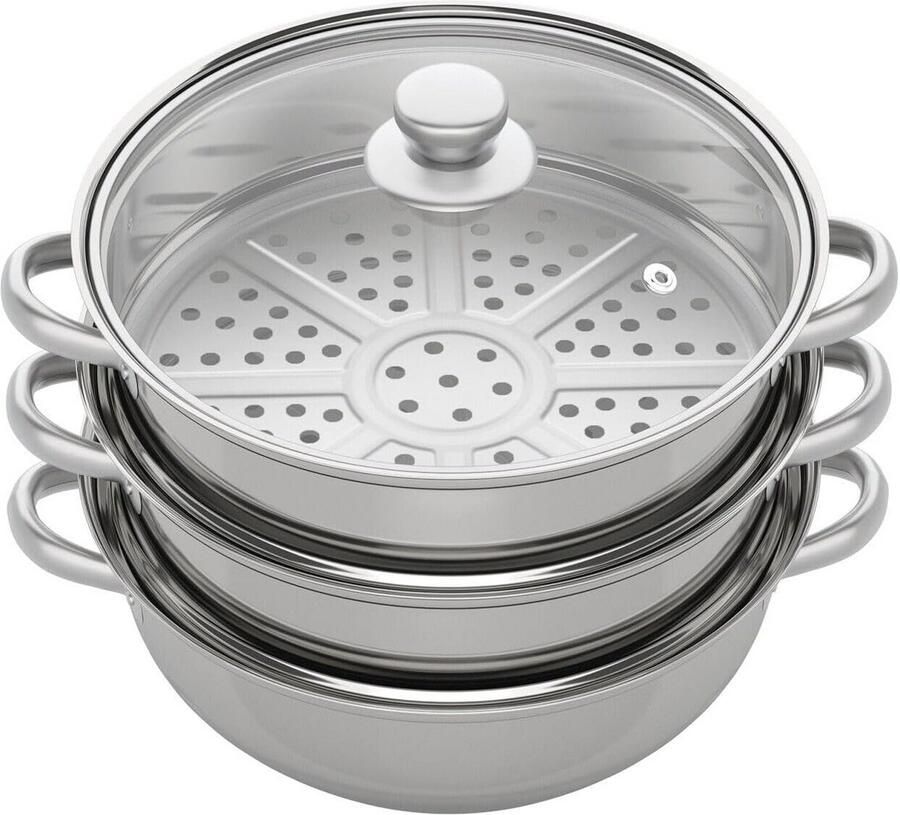 Stoompan Set Kookpan met Deksel Gezond Koken Drielaags Design 28 Centimeter Zilverkleurig