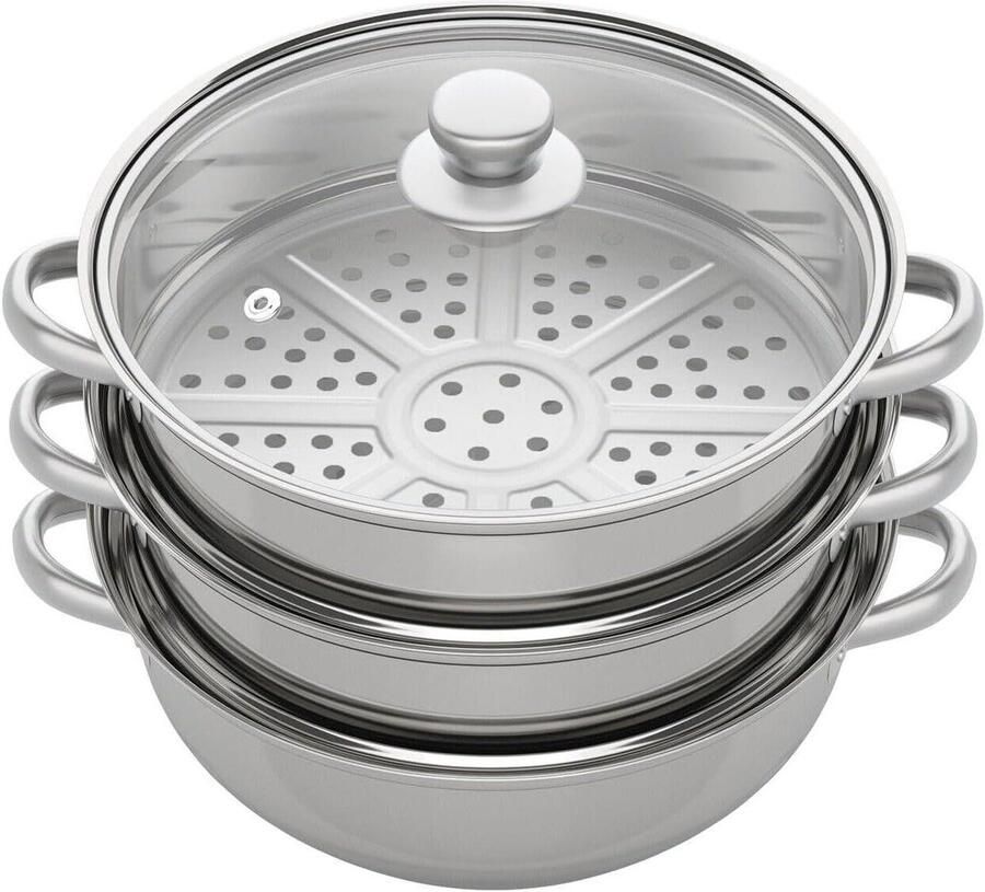 Stoompan Set Kookpan met Deksel Gezond Koken Drielaags Design 28 cm Diameter Zilver