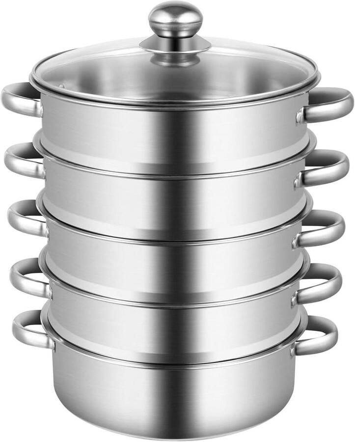 Stoompan Set Kookpan Met Deksel Gezond Koken Stapelbaar Met 4 Lagen 26cm Diameter Zilverkleurig