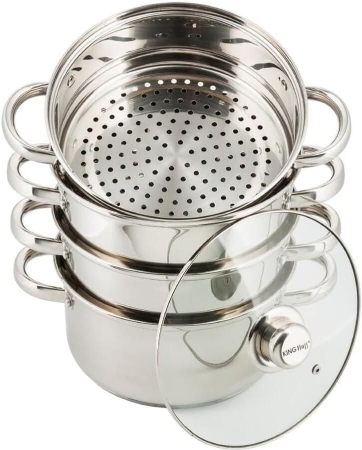 Stoompan Set Kookpan met stoominzet Gezond Koken Meerlaagse thermobodem 24 cm Zilverkleurig