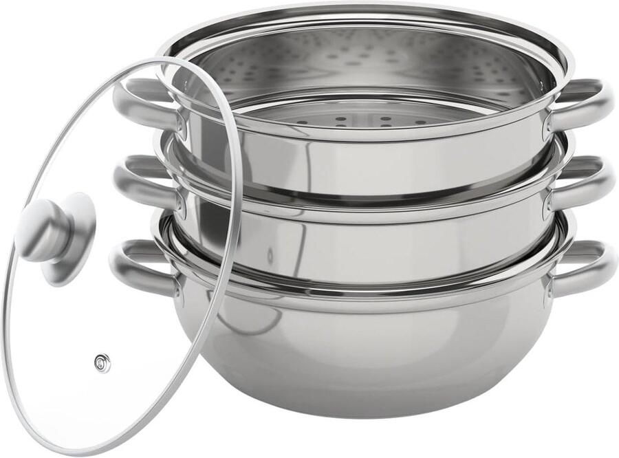Stoompan Set Kookpan met stoominzet Gezond Koken Stapelbaar Ontwerp 28 cm Diameter Zilverkleurig