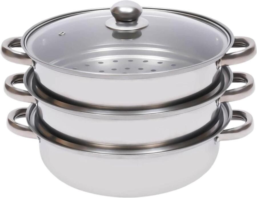 Stoompan Set Kookpan Stomer Gezond Koken 3 Lagen Stapelbaar 28 cm Zilverkleurig