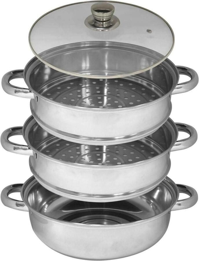 Stoompan Set Kookpan Stomer Gezond Koken Drie Lagen 27 cm Diameter Zilver