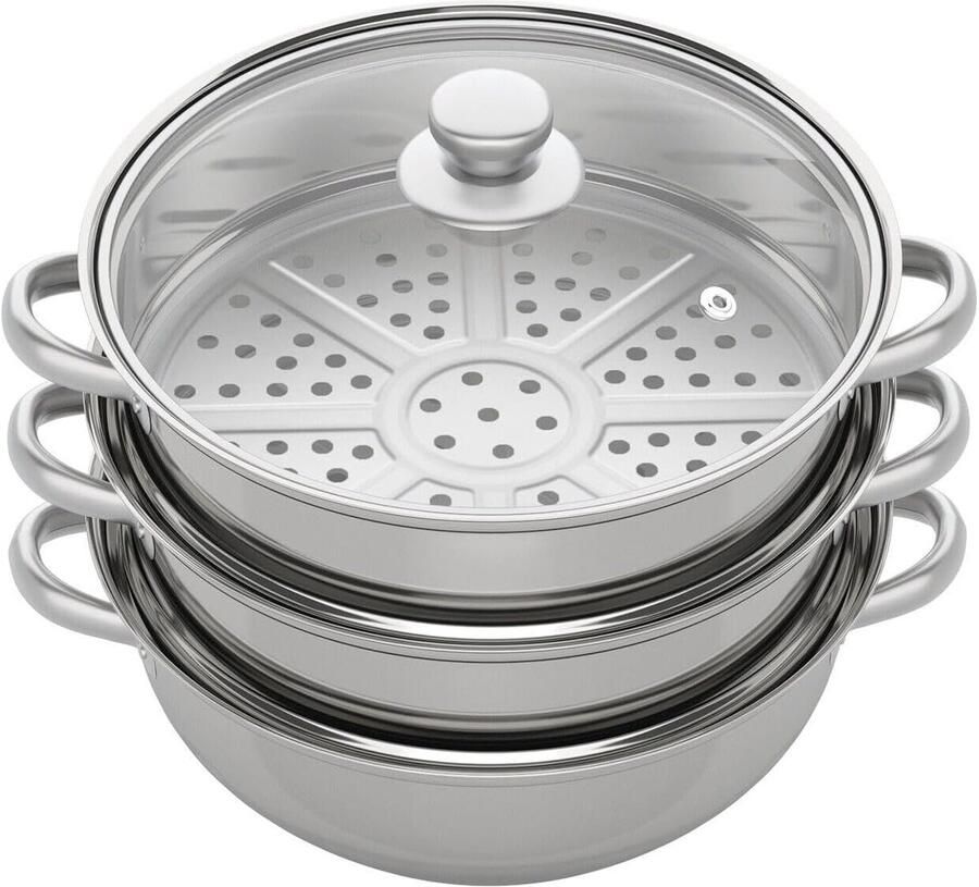 Stoompan Set Kookpan Stomer Gezond Koken Drielaags Design 28 cm Diameter Zilver