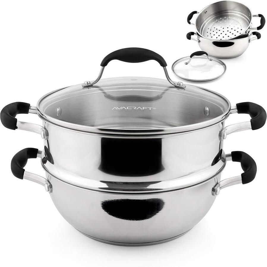 Stoompan Set Kookpan Stomer Gezond Koken Vijflaags Warmte-element 7 Kwarts Zilver