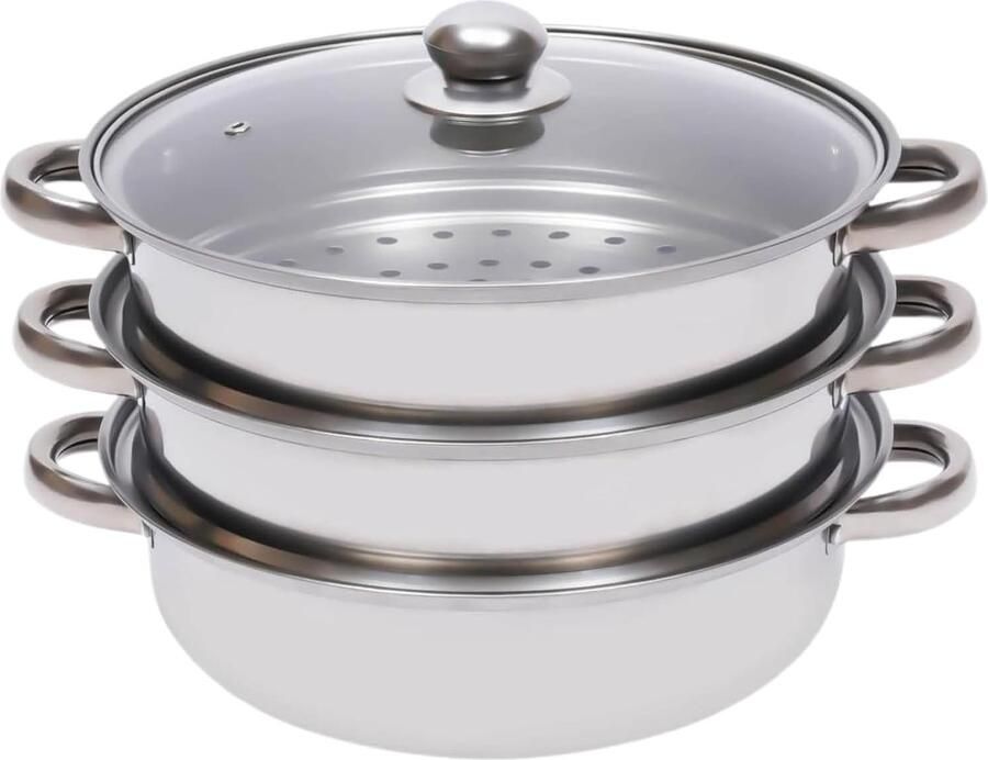 Stoompan Set Kookpan Stomer Maaltijden Bereiden Stapelbaar 3-laags 28 cm Zilverkleurig