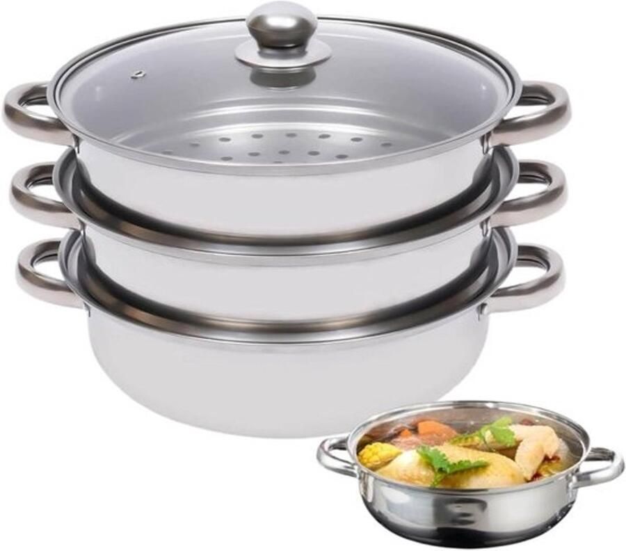 Stoompan Set Kookpan Stoom Gezond Koken Stapelbaar Ontwerp 28 cm Zilverkleurig