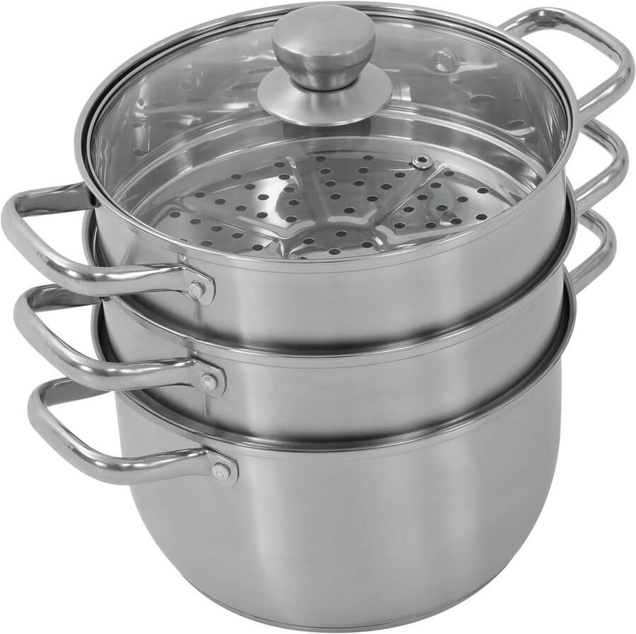 Stoompan Set Kookpan Stoomkoker Gezond Koken Zichtbaar Glazen Deksel 24 cm Diameter Zilver