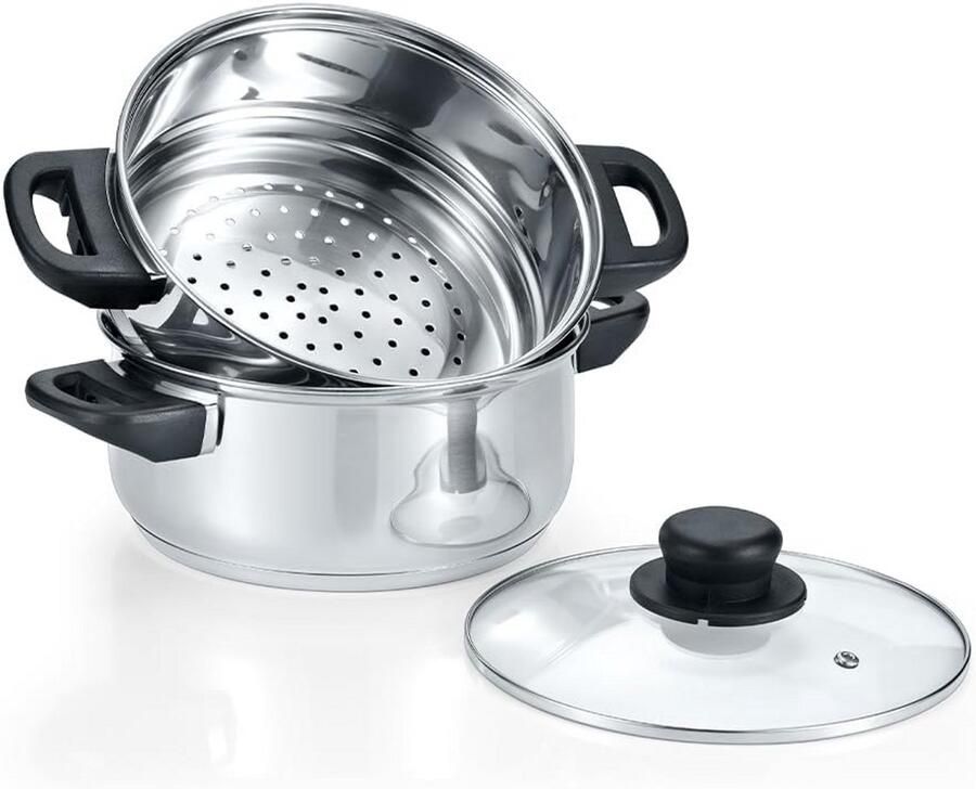 Stoompan Set Kookpot met stomer Gezond Koken Inductie Geschikt 3 Delig 8.5 Inch Zilverkleurig