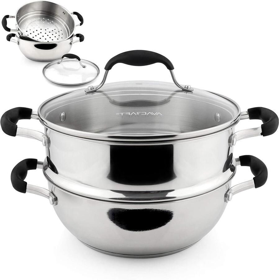 Stoompan Set Kookpot Stomer Gezond Koken Vijflaags Warmteverdeling 7 Kwarts Zilver