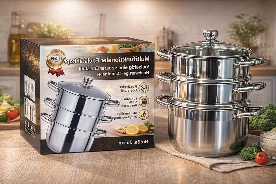 Stoompan Set Manty Koker Gezond Koken 3-Delig Ontwerp 28 cm Diameter Zilverkleurig