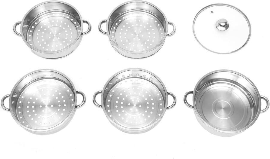 Stoompan Set Stoomkoker Deluxe Gezond Koken 5 Lagen Ontwerp 26 cm Zilver