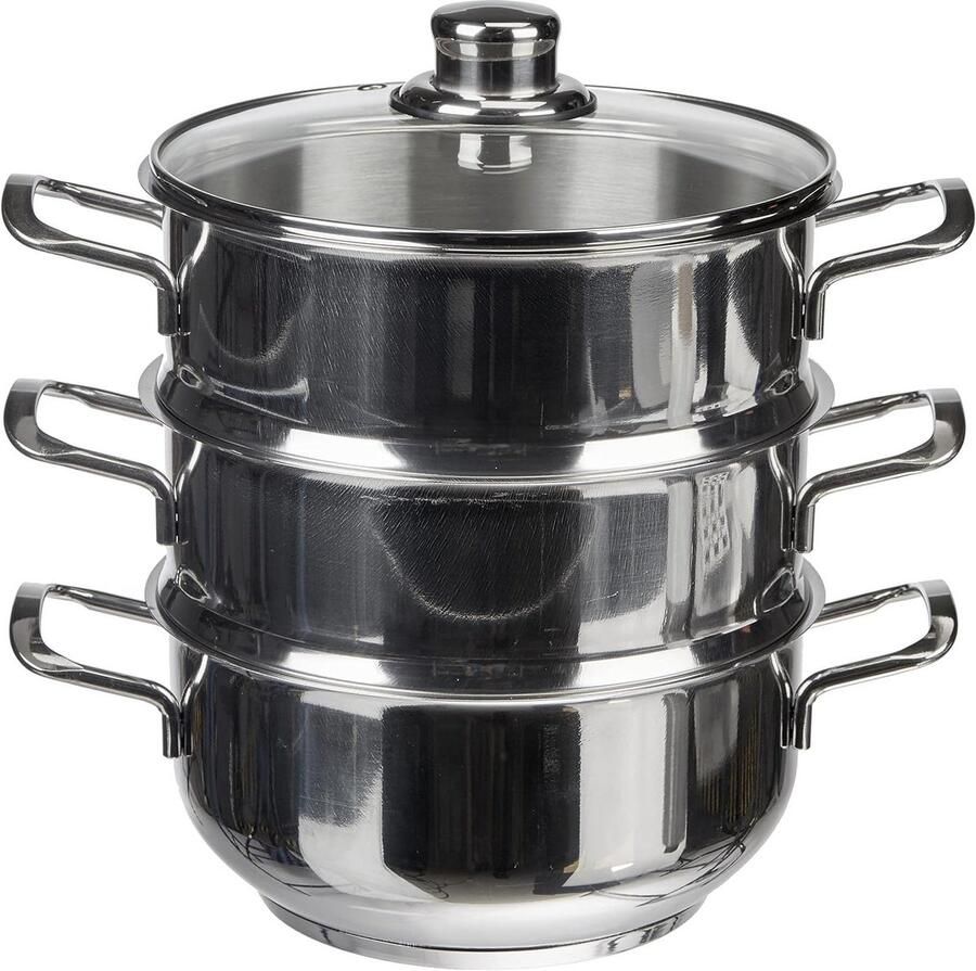Stoompan Set Stoomkoker RVS Gezond Koken 3 Niveaus 20 cm Diameter Zilver