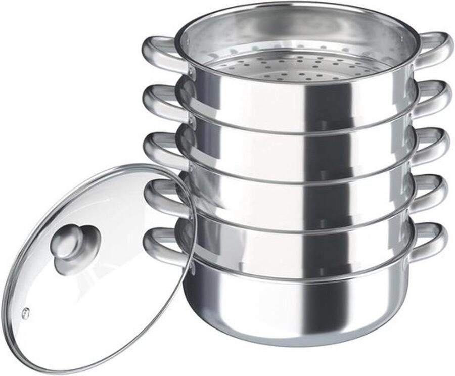 Stoompan Set Stoomkoker Gezond Koken 5 Lagen Roestvrij Staal 30 cm Diameter Zilver