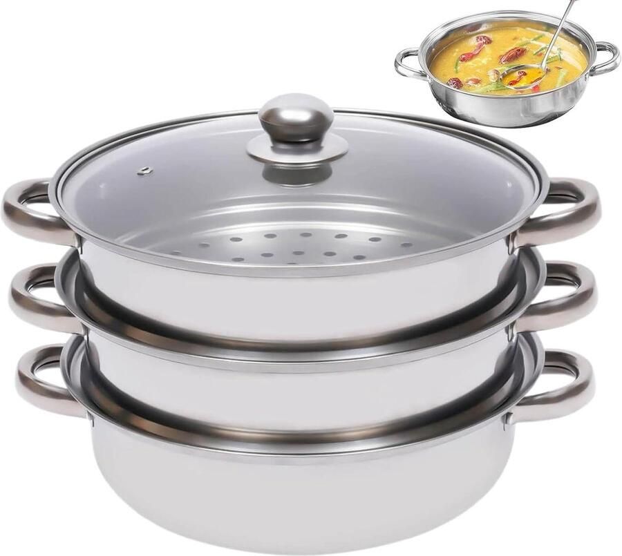 Stoompan Set Stoomkoker Inductie Gezond Koken Stapelbaar Ontwerp 3 Niveaus Zilver