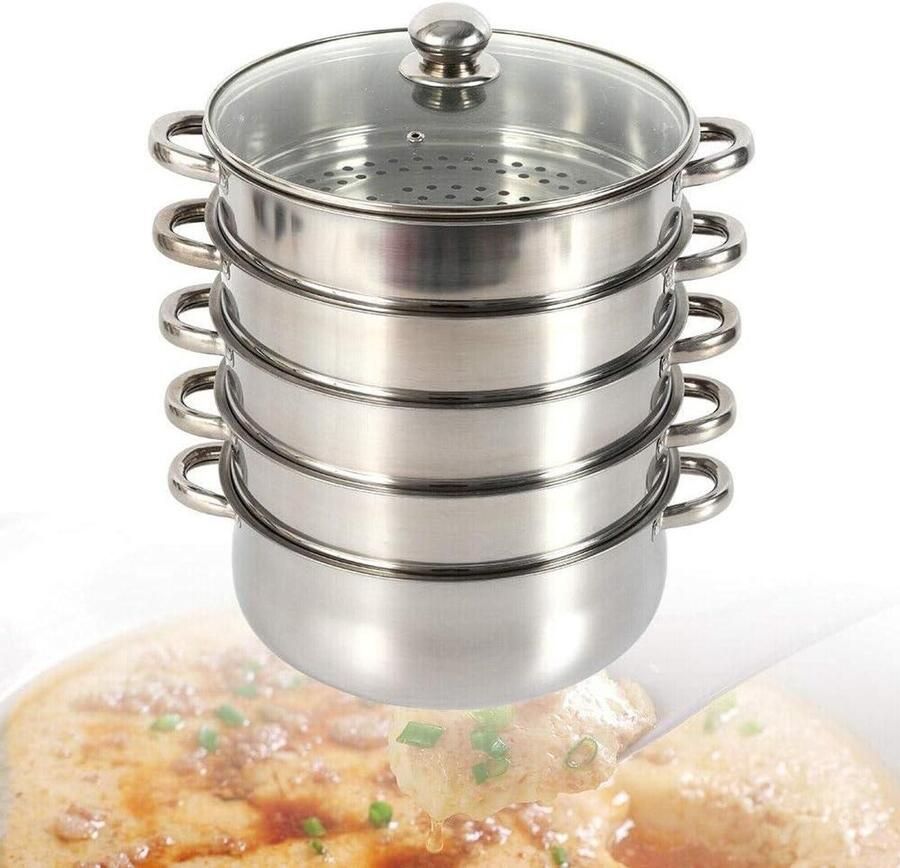Stoompan Set Stoomkoker Kookgerei Gezond Koken Overlappend Ontwerp 26 cm Zilver