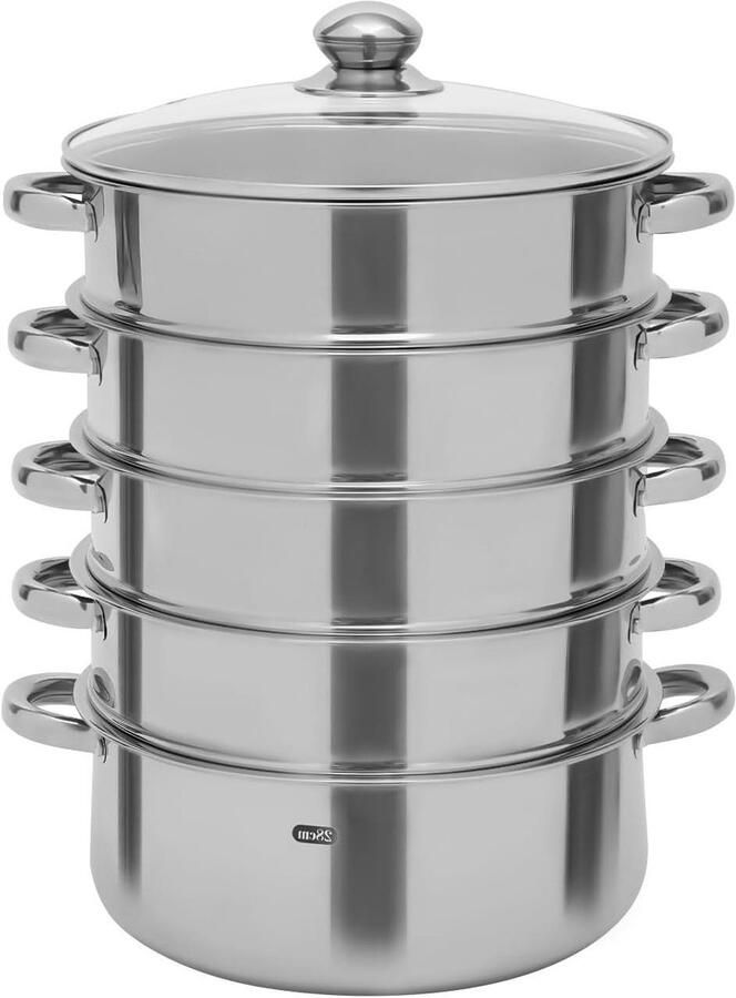 Stoompan Set Stoomkoker RVS Gezond Koken 5 Lagen Ontwerp 28 cm Diameter Zilver