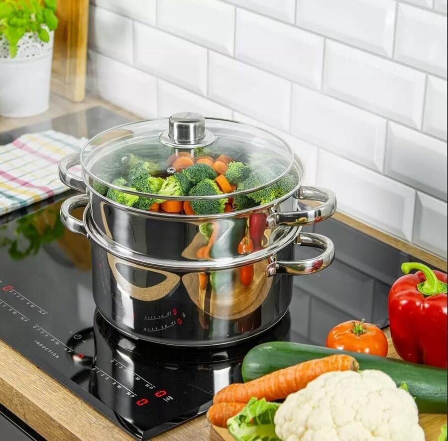 Stoompan Set Stoomkoker RVS Gezond Koken Drievoudige Bodem 18 cm Zilver