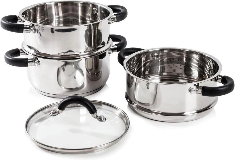 Stoompan Set Stoomkoker RVS Gezond Koken Drievoudige Laag 18 cm Zilver