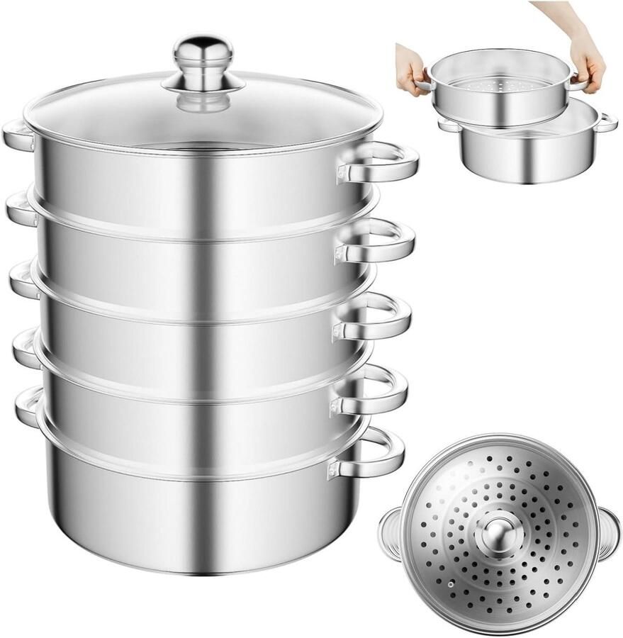 Stoompan Set Stoomkoker RVS Gezond Koken Stapelbaar Ontwerp 28 cm Diameter Zilverkleurig