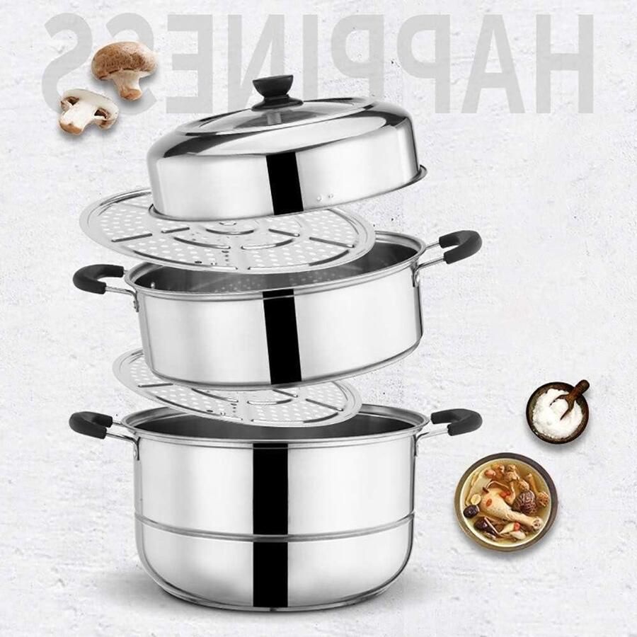 Stoompan Set Stoomkoker RVS Gezond Koken Universele Bodem 30cm 32cm Zilverkleurig